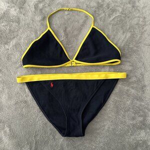 Ralph Lauren Swimsuit Two Piece Bikini LARGE Blue Yellow Triangle Top
